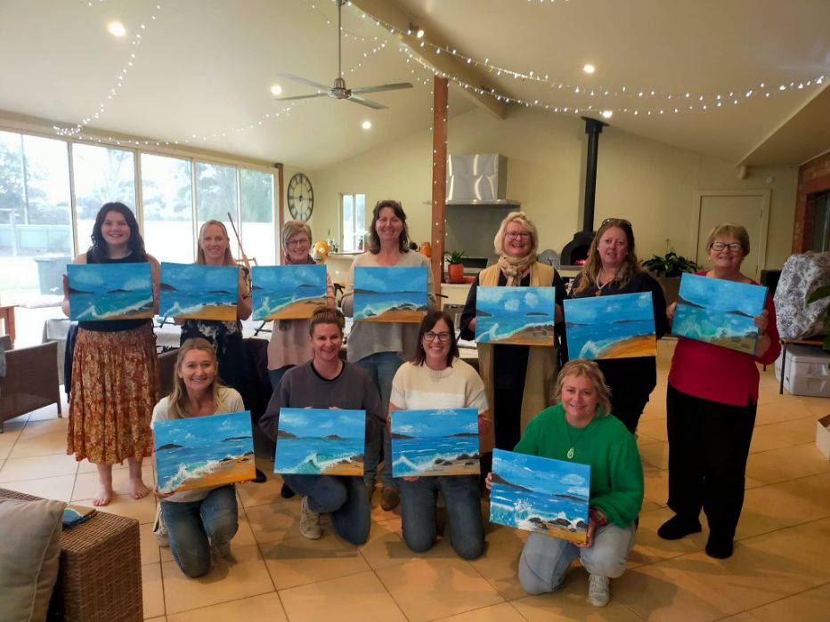 Sip and Paint, private workshop, fun with friends in your own space. Creative Beginnings travels to you.