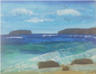 Learn to paint, NDIS support, painting for beginners, creative beginnings, art for beginners, painting class Adelaide, seascape created by Joanne
