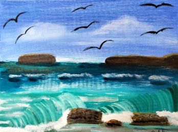 Learn to paint, seascape by Michelle, NDIS support, painting for beginners, creative beginnings, art for beginners, painting class Adelaide