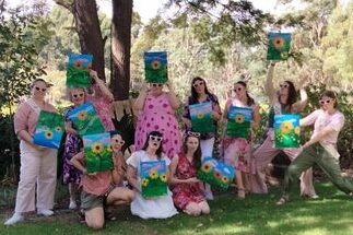 Sip and paint at Magpie Springs Winery, hens day out, painting fun in the outdoors, under the shady canopy of trees